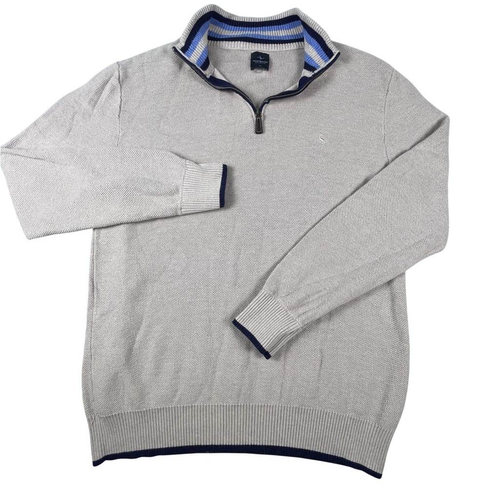 Tailorbyrd Sweater Mens XL Beige Quarter Zip Pullover Striped Trim Flamingo Logo